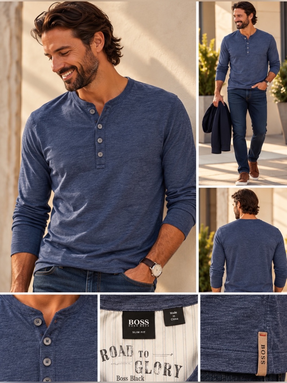 BOSS Hugo Boss Henley Shirt Men’s XXL Blue Slim Fit Long Sleeve 50229329
